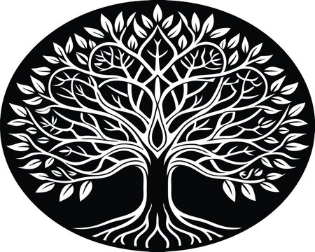 Vector art of intricate black and white illustration of the tree of life with detailed branches and roots