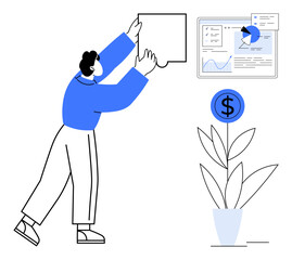 Person placing puzzle piece, screen with financial data, chart, and money-growing plant. Ideal for business strategy, teamwork, financial planning, investments, business growth goal setting simple