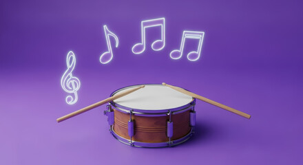Snare drum with wooden sticks positioned on top, surrounded by glowing musical notes, set against a vibrant purple background, creating a lively musical atmosphere