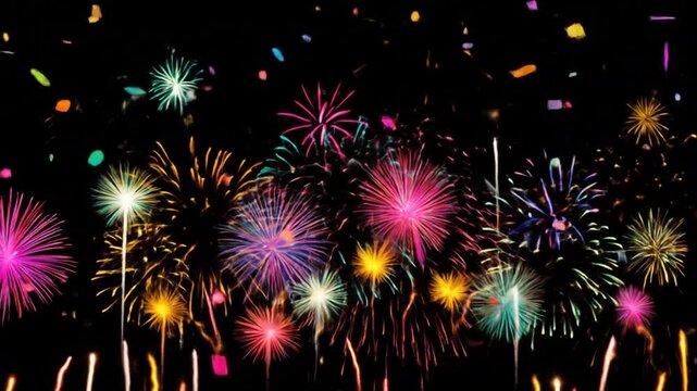 A colorful, dynamic display of fireworks against a stark black backdrop. A celebratory visual