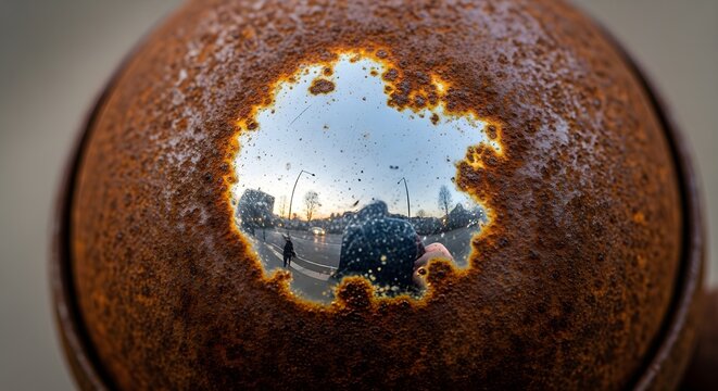 Reflection of a person walking on a wet street with streetlights and trees in a rusted metal sphere
