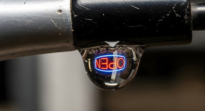 Water droplet magnifying an OPEN neon sign reflection, showcasing business availability with a unique perspective. - Powered by Adobe