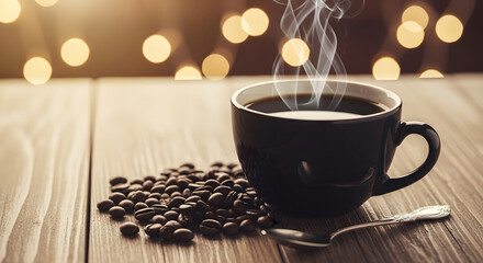 Steaming Coffee Mug with Beans and Bokeh Lights Backdrop