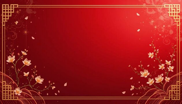Elegant red background with golden floral border and falling petals, suitable for festive occasions and celebrations