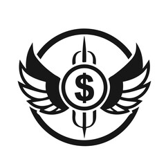 "Winged Dollar Icon – Black and White Vector Symbol Representing Financial Freedom, Economic Mobility, and Investment Growth – Featuring Stylized Wings, Arrows, and Circular Frame – Ideal for Fintech 