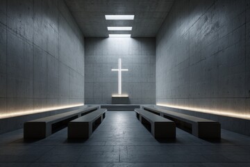 Minimalist concrete chapel interior with illuminated cross and benches.