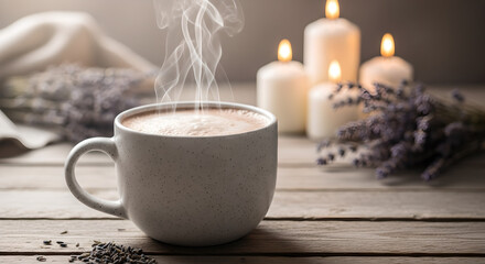 Cozy steaming coffee mug lavender candles rustic wood
