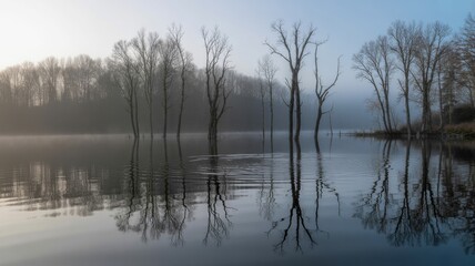 Fototapeta premium Foggy lake landscape with tree reflections nature photography scenic tranquil view image