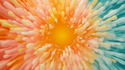 Bright explosion of colors radiating from center, featuring soft pastel hues of orange, pink, and turquoise, creating vibrant and energetic
