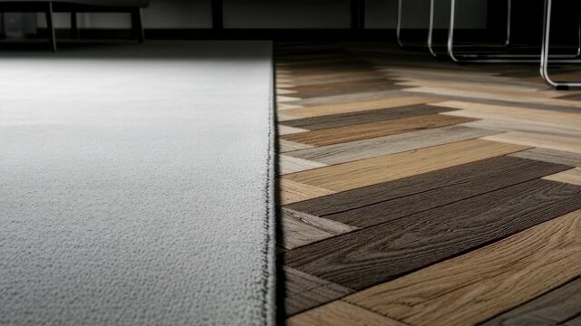 Contrast between smooth modern rugs and rugged reclaimed wood herringbone floor emphasizing texture diversity in decor.