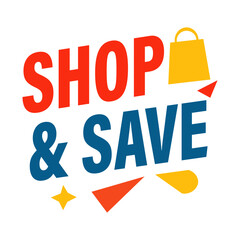 Shop & Save Promotional Banner with Shopping Bag and Geometric Shapes Vector Illustration