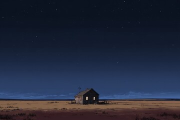 Small wooden cabin in vast open field under starry night sky with glowing windows.