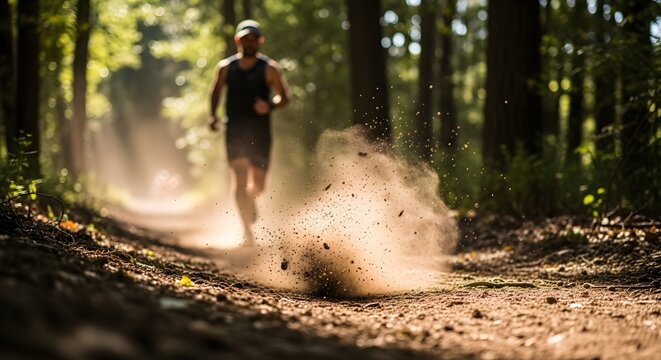 Energetic man trail running through a sun-dappled forest path, kicking up dust in a dynamic outdoor fitness and adventure scene.