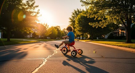 Happy child riding red tricycle on a quiet suburban street at sunset, enjoying carefree childhood moments and summer evening.