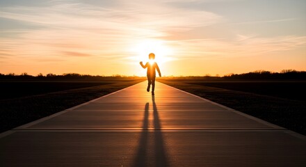 Silhouette of a child running towards the setting sun on a long path, symbolizing hope, freedom, and the pursuit of dreams.