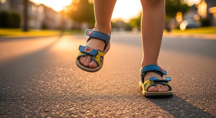 Toddler's feet in colorful sandals walking down a residential street at sunset, capturing carefree childhood moments and summer adventures.