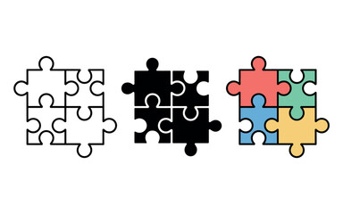 Three puzzle piece sets representing different styles: outline, solid black, and colorful.