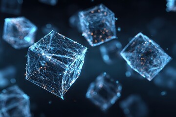 Lowpoly animation of blockchain cubes spinning in a digital space representing data movement and connectivity