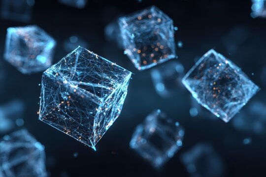 Lowpoly animation of blockchain cubes spinning in a digital space representing data movement and connectivity