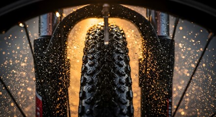 Lamas personalizadas con tu foto Close-up of a mountain bike tire and fork covered in glistening water droplets with warm golden light illuminating a wet, adventurous ride.