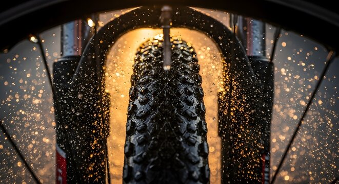 Close-up of a mountain bike tire and fork covered in glistening water droplets with warm golden light illuminating a wet, adventurous ride.