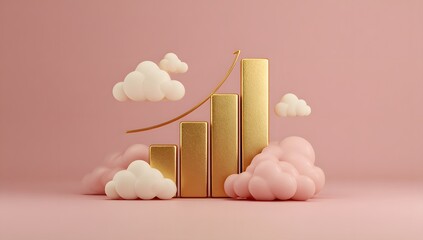 Growth chart with golden bars and clouds for business success visualization