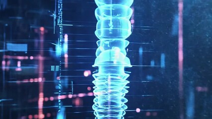 Futuristic hologram of dental implant rotating with digital data processing in background - Powered by Adobe