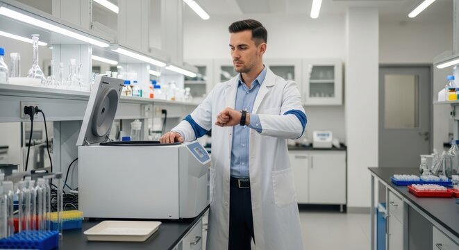 Young caucasian male scientist examines lab equipment in modern laboratory setting