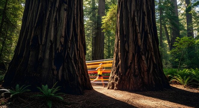 A runner streaks through a sun-dappled redwood forest, their motion blurred by colorful light trails.