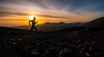 Energetic runner silhouetted against a breathtaking golden sunrise, navigating a challenging rocky mountain trail, embodying freedom and endurance in the vast outdoors.