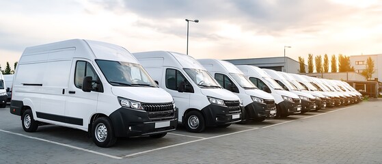 Organized white vans in vast parking area for transportation service business
