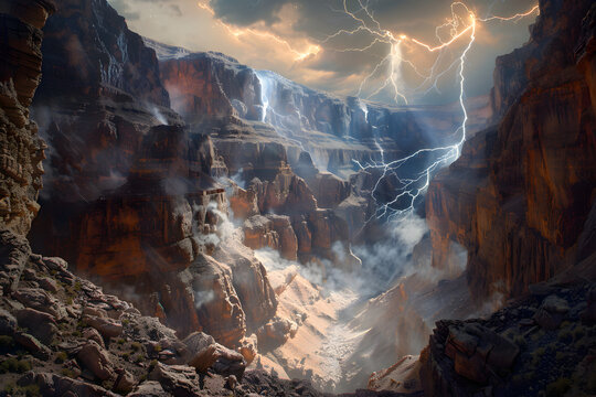 Epic Canyon Landscape with Lightning, Storm Clouds, and Majestic Mountains in Breathtaking Natural Scenery