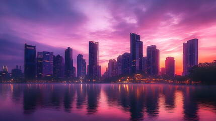 City Skyline Sunset Reflections: Tranquil Urban Landscape with Illuminated Architecture and Vibrant Skies