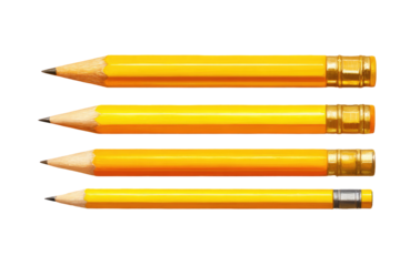 Four yellow pencils of varying widths arranged horizontally