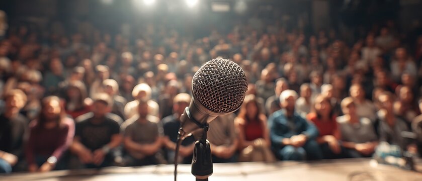 Lone microphone on stage with engaged audience at live comedy music theater
