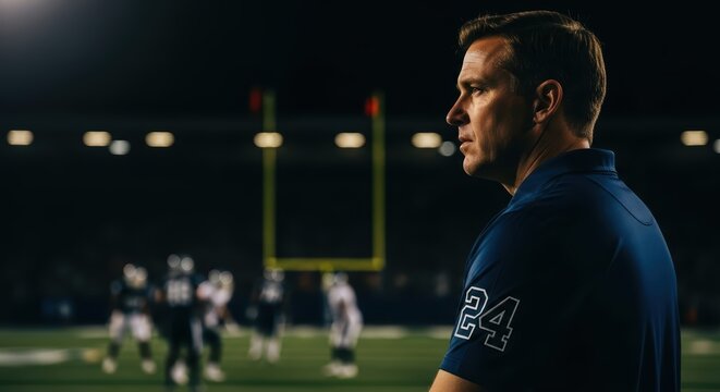 Caucasian male coach observing football game at night stadium