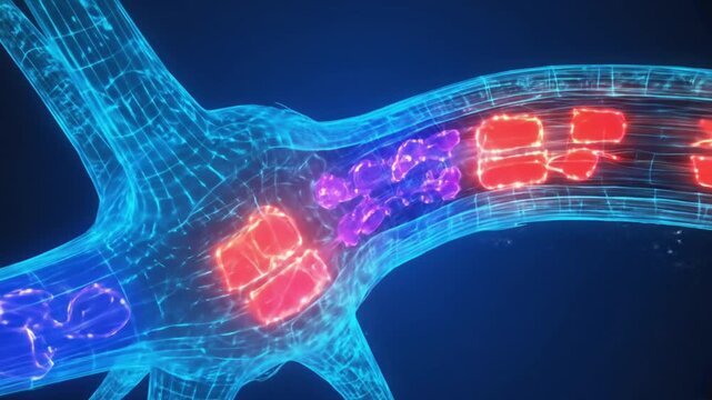 A vibrant, digital representation of a neuron with synaptic connections glowing in blue and red, illustrating neural activity