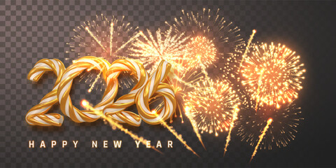 Golden 2026 Numbers With Fireworks Celebration, Festive Happy New Year Party Background For Holiday Greeting Card, Decoration, and Seasonal Design. Vector Illustration