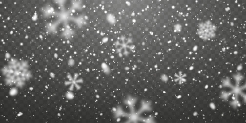 Snowflakes Falling On Transparent Background With Soft Bokeh Winter Effect, Perfect For Christmas, Holiday, and New Year Designs. Vector Illustration