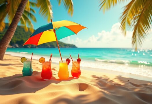 vibrant beach umbrella colorful cocktails refreshing summer vibes tropical paradise fun sun soaked relaxation, ocean, sandy, vacation, refreshment, sunset