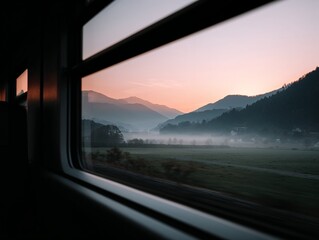 Scenic sunrise view from train window through misty valley