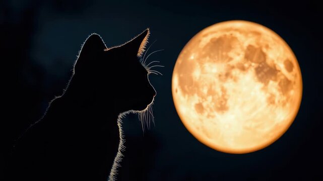 Silhouette of cat against full moon at night, creating mystical atmosphere