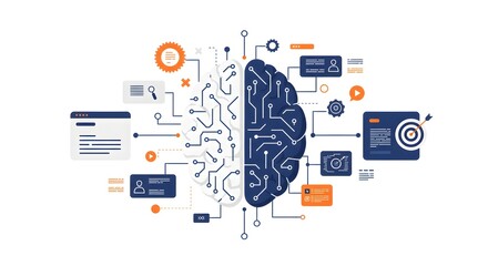 Conceptual illustration of artificial intelligence, showing a brain integrated with digital interfaces, data, and circuitry.