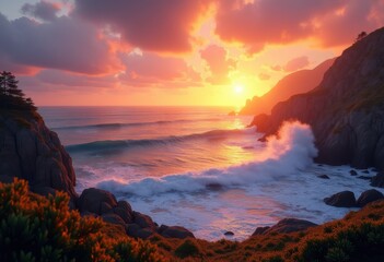Fototapeta premium vibrant coastal sunsets over iconic cliffs dramatic seascape natural beauty ocean sky sunset glow, landscape, beach, water, reflection, cloud, dusk, shoreline