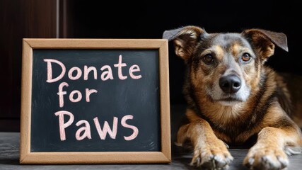 Brown dog lying next to chalkboard sign that says "Donate for Paws"
