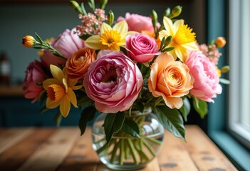 Fototapeta premium vibrant colorful bouquet arrangement soft light blooming floral delight aesthetic home decor, petal, vase, botanical, seasonal, bright, spring, sunny, pastel