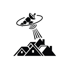 Satellite dish beaming signal down onto rooftops of houses