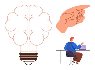 Brain-shaped lightbulb symbolizing ideas, hand pointing with writing gesture, person working on laptop at desk. Ideal for creativity, innovation, brainstorming, education, productivity