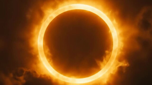 Dramatic solar eclipse with glowing corona and dark stormy clouds