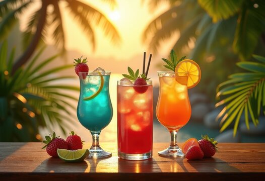 vibrant colorful cocktails beside serene palm trees creating tropical paradise beautifully crafted drink exotic setting, bar, refreshing, beverage, sunset